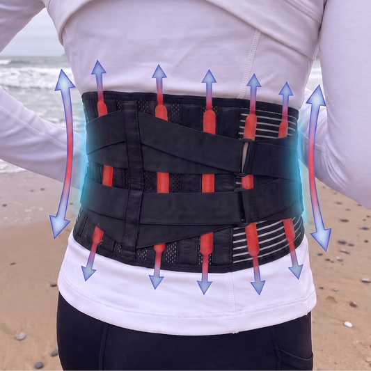 Bracken lower back support belt worn over a t-shirt, arrows showing the direction of adjustable compression