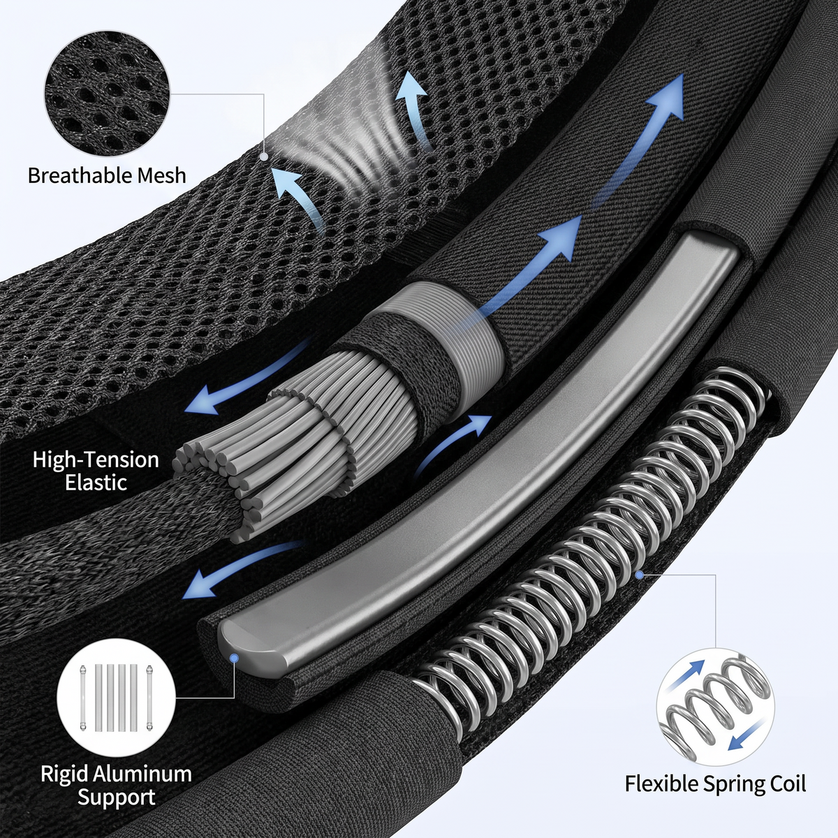 Cutaway of the Bracken belt showing breathable mesh, high-tension elastic, rigid stays and flexible spring coils